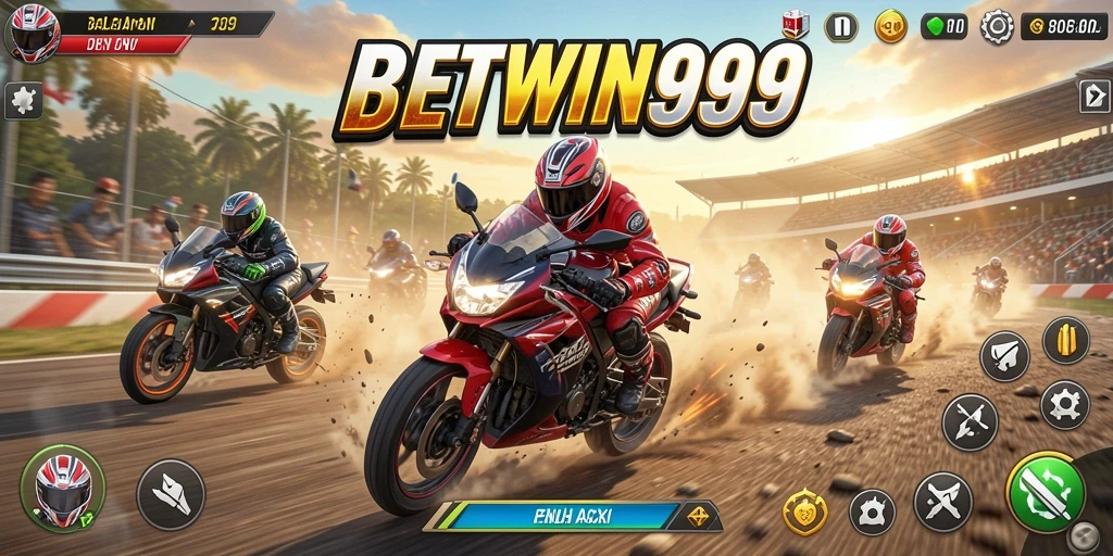 Tangkapan layar BETWIN999 menampilkan balapan motor yang intens dan penuh aksi.