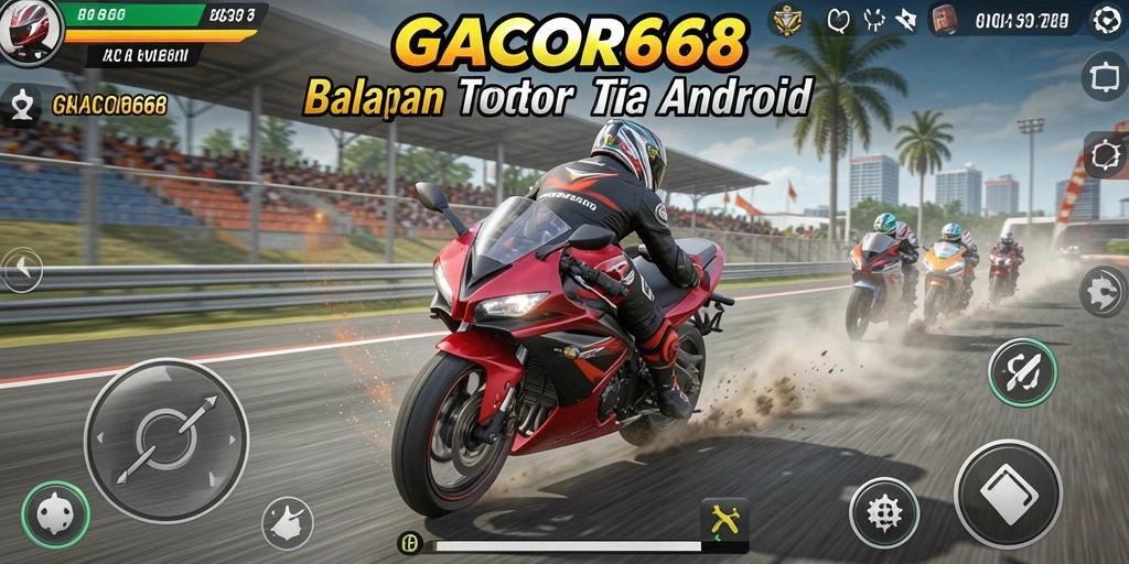 Tampilan gameplay GACOR668 menunjukkan balapan motor yang menegangkan dan seru.