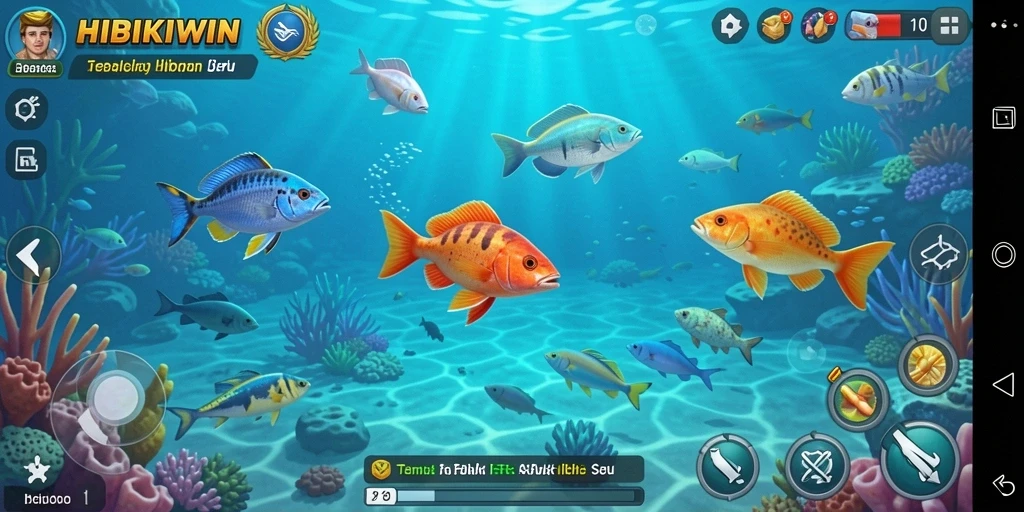 Tampilan permainan HIBIKIWIN dengan aksi menembak ikan yang seru.
