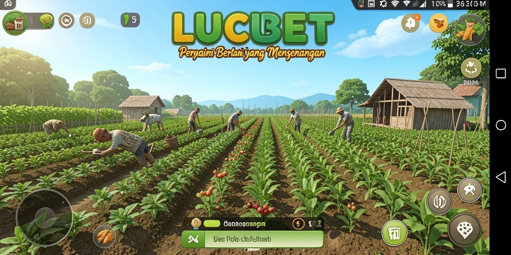 Screenshot dari gameplay <strong>LUCUBET</strong> menampilkan aktivitas bertani yang seru.