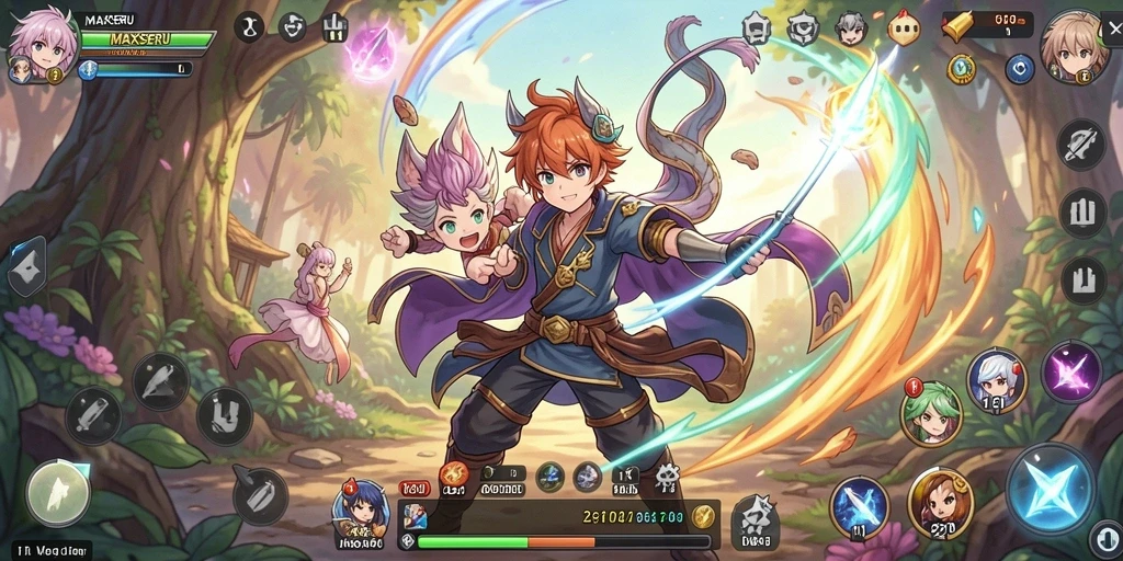 Screenshot menunjukkan gameplay dinamis MAXSERU dengan karakter anime yang menarik.