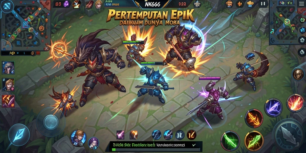 Tampak aksi intens dalam permainan NK666 dengan berbagai karakter MOBA.