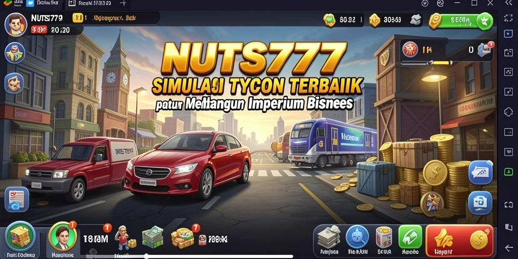 Screenshot menampilkan gameplay dinamis NUTS777 di mana pemain mengelola bisnis.