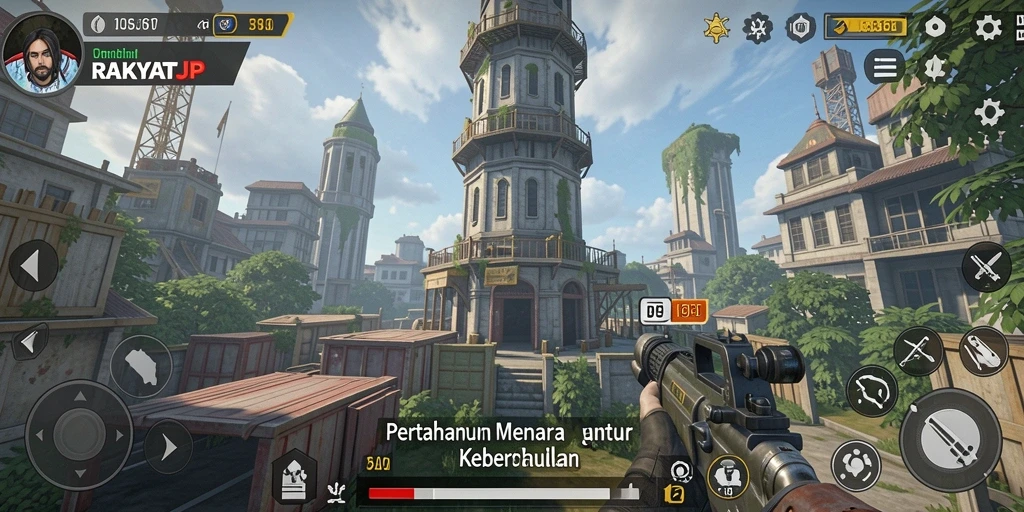 Screenshot gameplay RAKYATJP dengan menara yang siap menyerang.