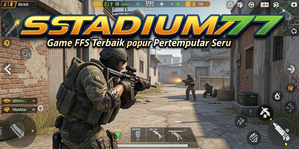 Screenshot STADIUM77 menampilkan aksi seru dalam pertempuran FPS.